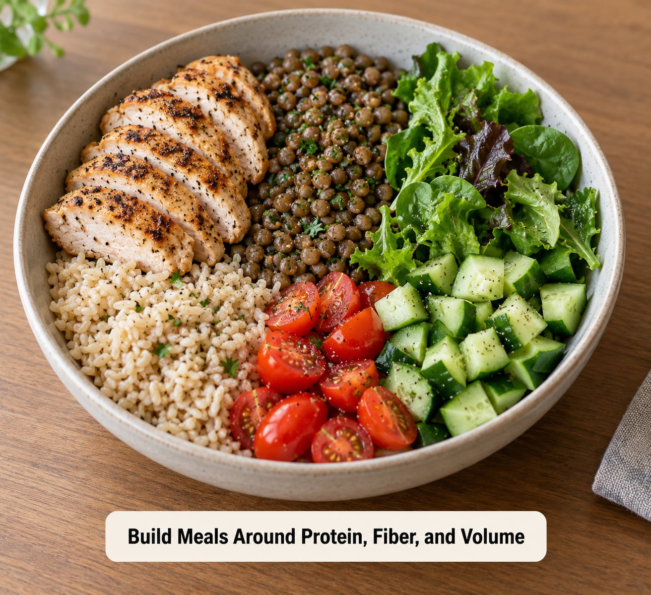 Build Meals Around Protein, Fiber, and Volume