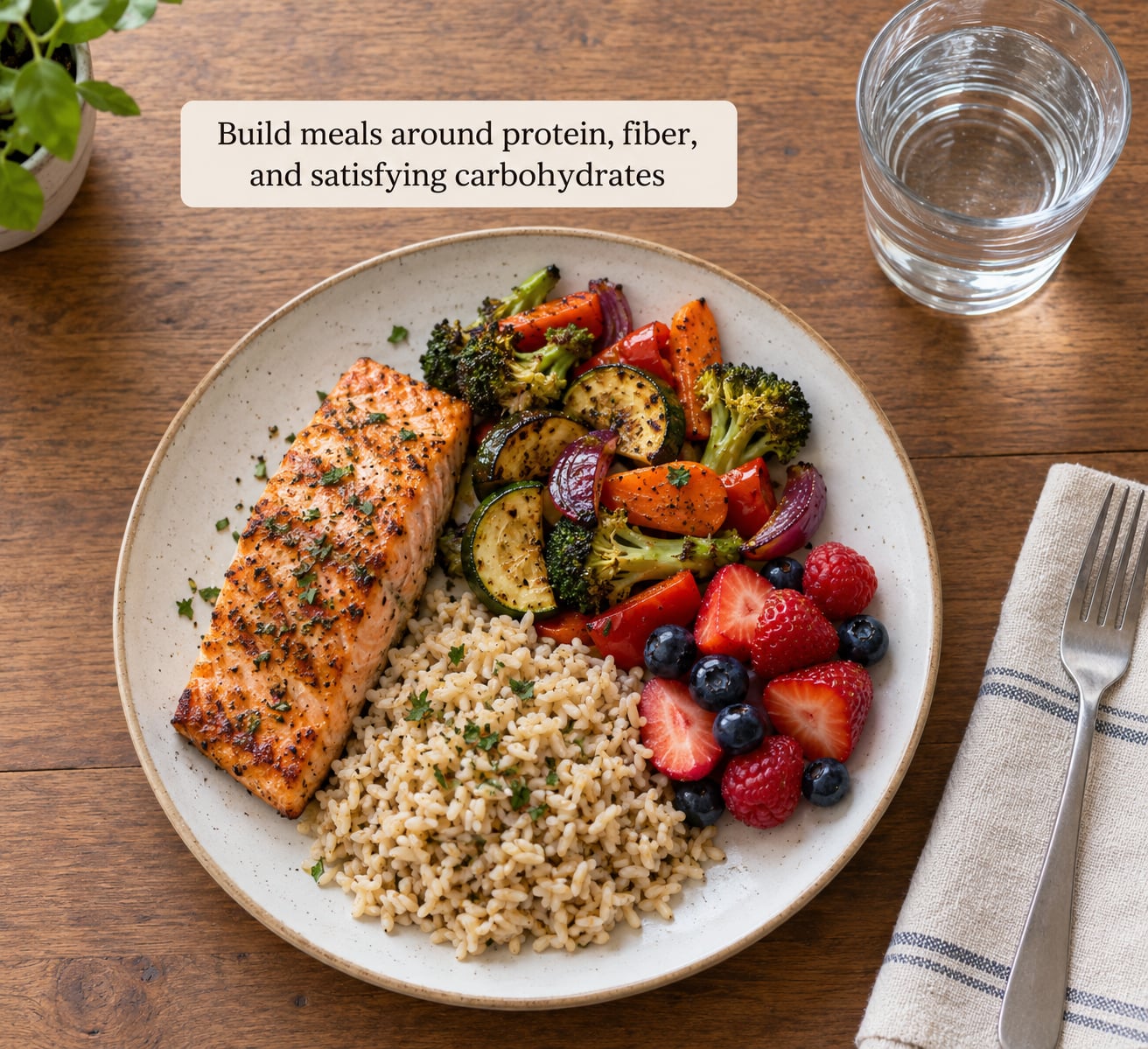 Build meals around protein, fiber, and satisfying carbohydrates